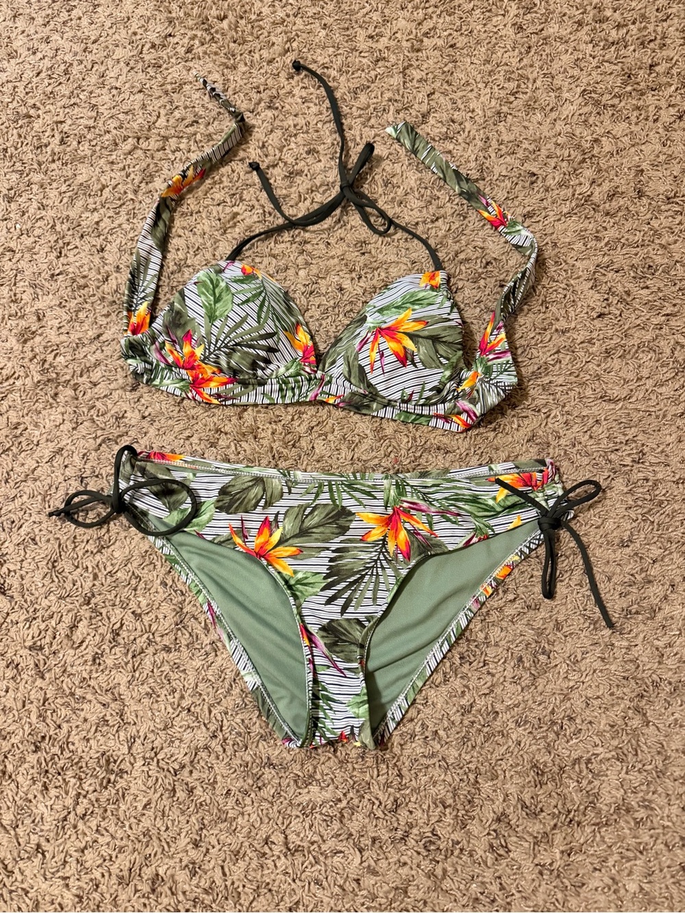 Tropical Floral Tie-Side Bikini Set - Green with Yellow & Orange Flowers